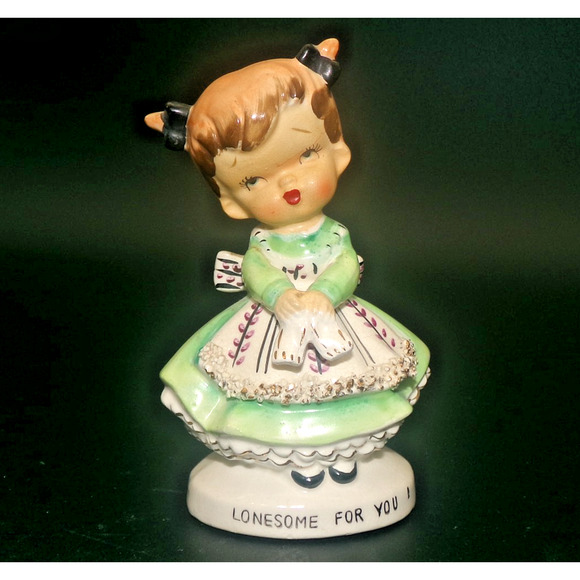 Vintage Ucagco Girl Green Dress “Lonsome for You" Valentine Figurine Japan RARE - Picture 2 of 14
